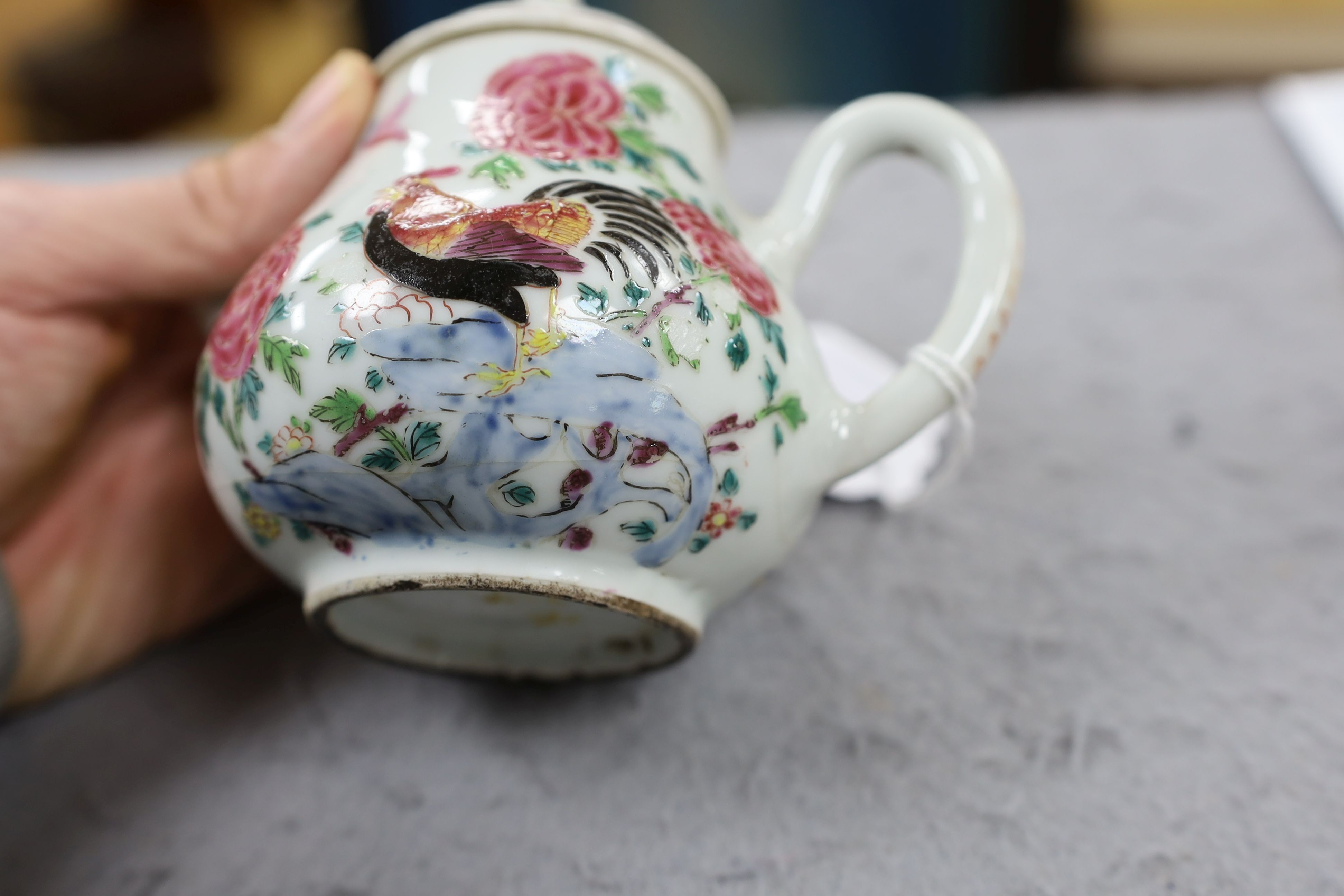 A Chinese famille rose ‘cockerel’ teapot, Yongzheng period, 12 cms high, 11.5cm high